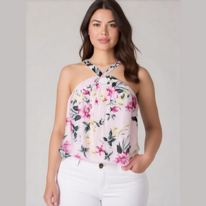 Torrid Mesh Halter O-Ring Tank Top All Over Floral Print Pink Size 2